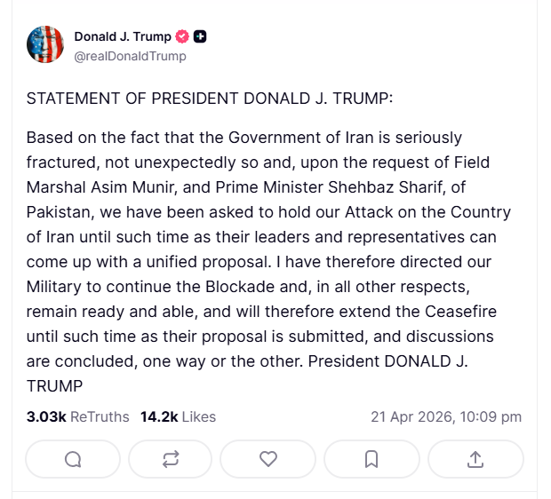 2026 04 21 TS Trump Statment Iran