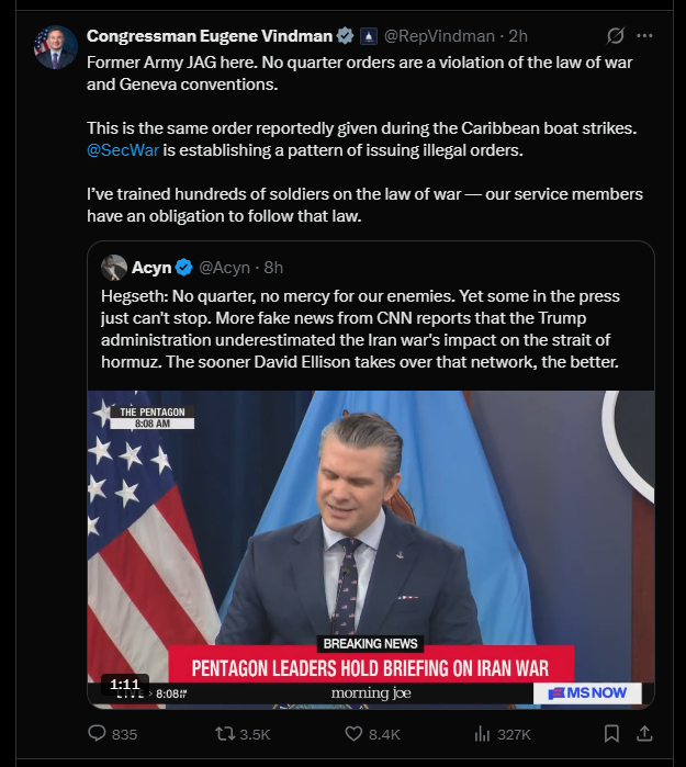 2026 03 13 X Hegseth Iran No Quater