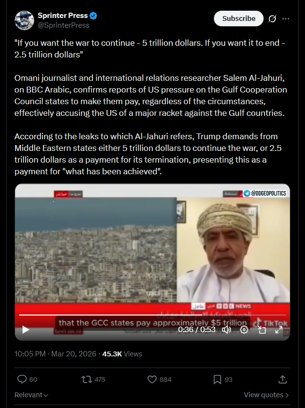 2026 03 20 X Trump demands Gulf states to pay