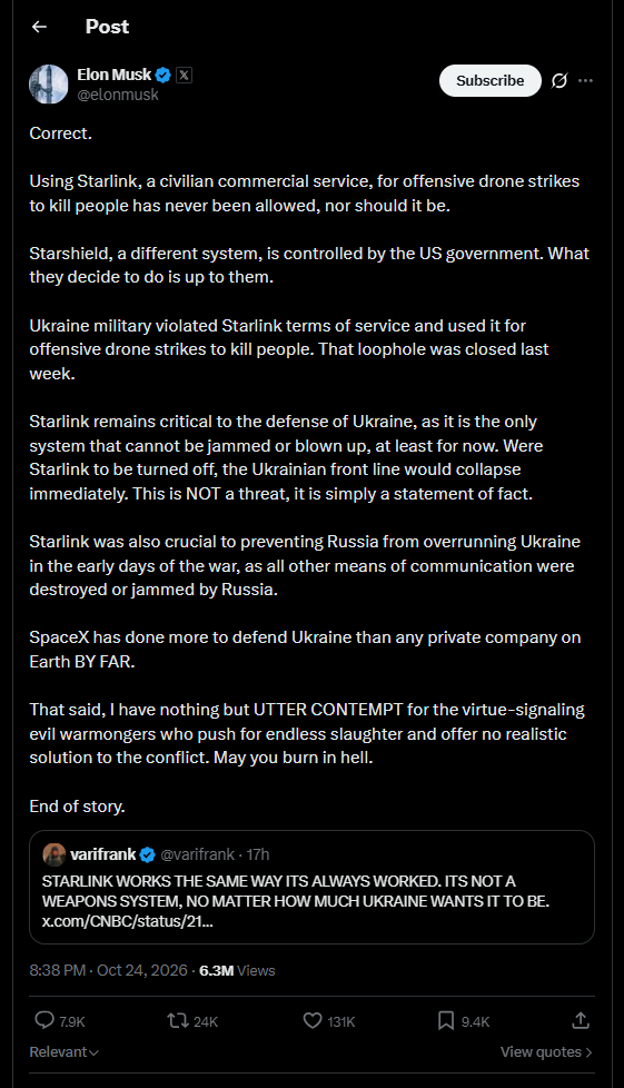 2026 10 24 X Elon Musk Starlink Ukraine